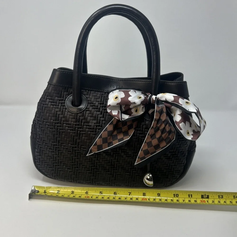 FURLA Italy Dark Brown Leather Woven Handbag Purse Satchel